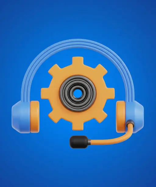 3D-Illustration von blauen und orangefarbenen Kopfhörern, die ein orangefarbenes Zahnrad mit einem zentralen Lager umgeben, das die technische Unterstützung "1 Jahr Support + Aktivierungshilfe" auf einem blauen Hintergrund mit Farbverlauf darstellt.