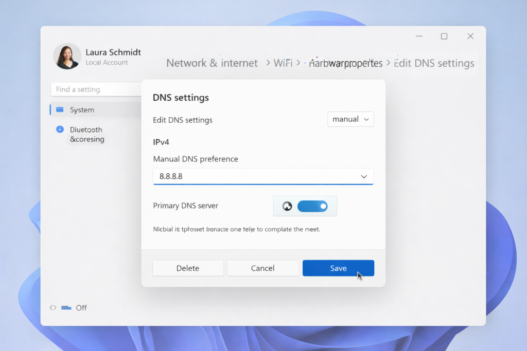Windows 11 DNS-Einstellungen mit manueller Konfiguration, wobei der primäre DNS-Server auf 8.8.8.8 gesetzt ist.