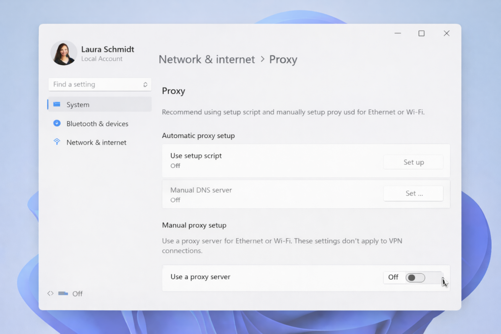 Im Fenster Computereinstellungen mit dem Titel Netzwerk & Internet > Proxy werden die Proxy-Konfigurationsoptionen angezeigt. Die Option Proxyserver verwenden ist auf Aus eingestellt. Die Details des Benutzerprofils werden in der oberen linken Ecke angezeigt.