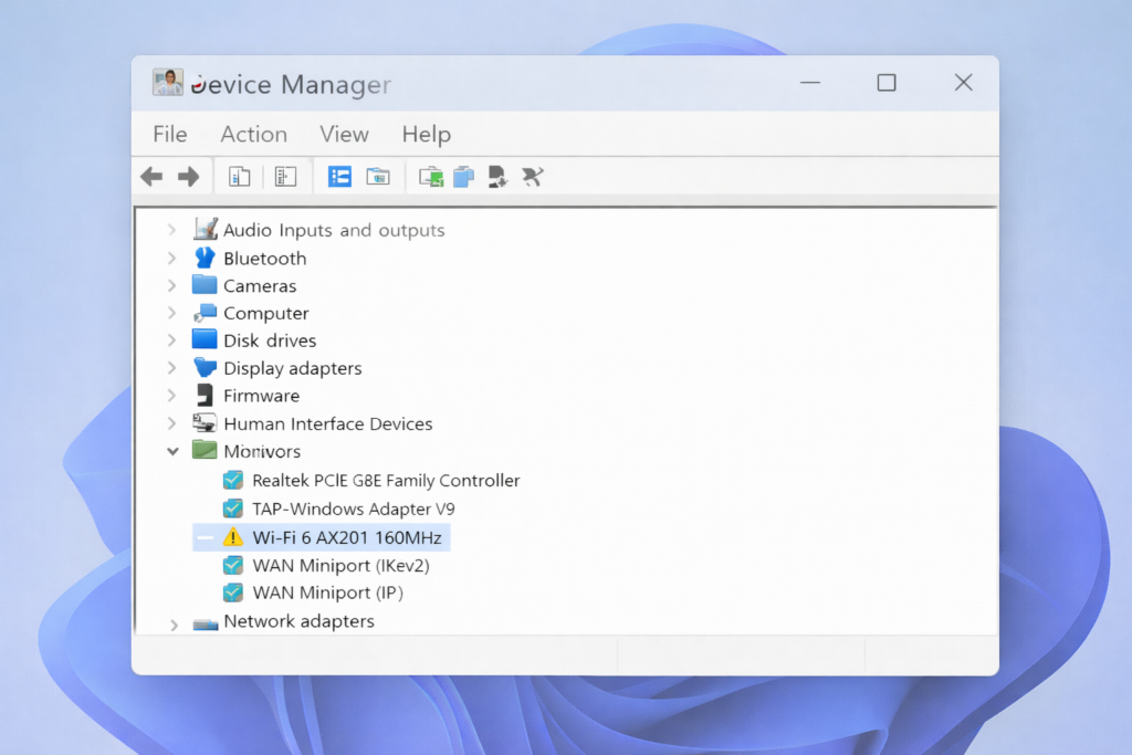Das auf einem Windows-Computer geöffnete Fenster des Gerätemanagers zeigt im Abschnitt Netzwerkadapter ein Warnsymbol neben Wi-Fi 6 AX201 160MHz an, das auf ein Problem mit dem Gerät hinweist.