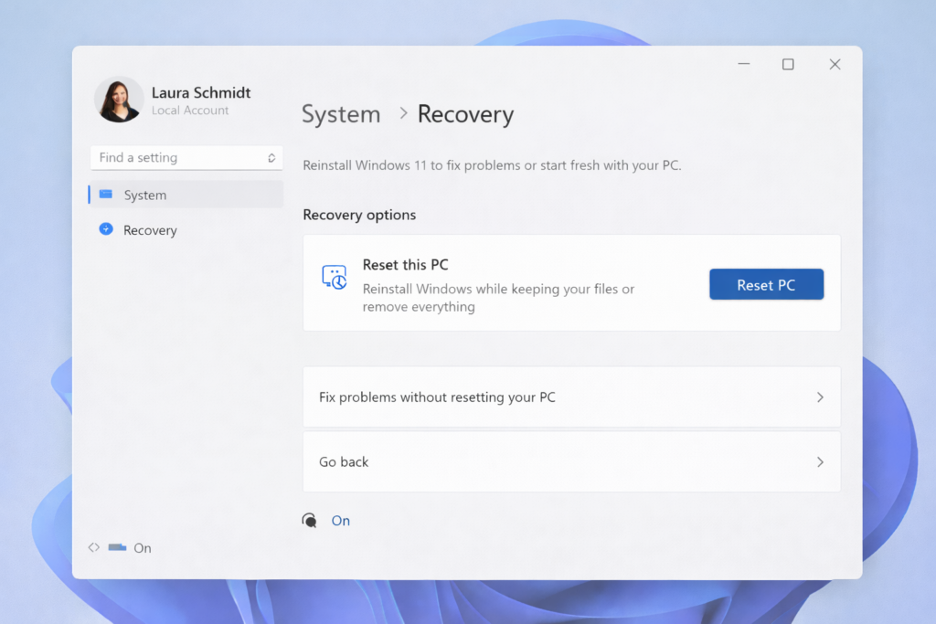 Der Bildschirm mit den Wiederherstellungseinstellungen von Windows 11 zeigt die Optionen zum Zurücksetzen des PCs, zum Beheben von Problemen ohne Zurücksetzen oder zum Zurückgehen, mit einem hervorgehobenen Abschnitt Diesen PC zurücksetzen und einer blauen Schaltfläche PC zurücksetzen.
