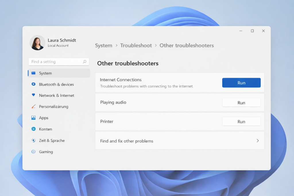 Windows 11 Einstellungen im Bereich „Problembehandlung“ mit der Option „Internetverbindungen“ zur Diagnose von Netzwerkproblemen.