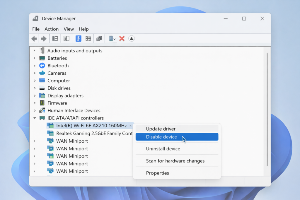 Windows-Geräte-Manager mit erweitertem Bereich „Netzwerkadapter“, wobei das Kontextmenü eines WLAN-Adapters mit Optionen wie Treiber aktualisieren, deaktivieren und deinstallieren geöffnet ist.