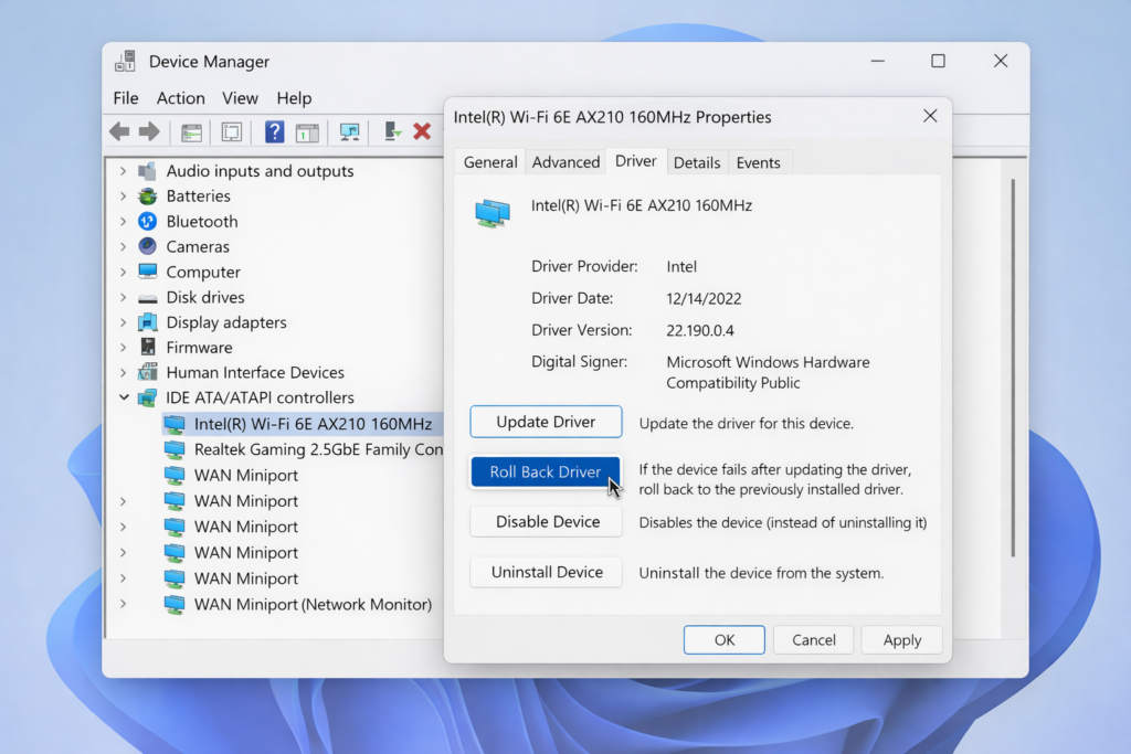 Windows-Geräte-Manager mit geöffneten Eigenschaften eines WLAN-Adapters im Tab „Treiber“, einschließlich Optionen zum Aktualisieren und Zurücksetzen des Treibers.