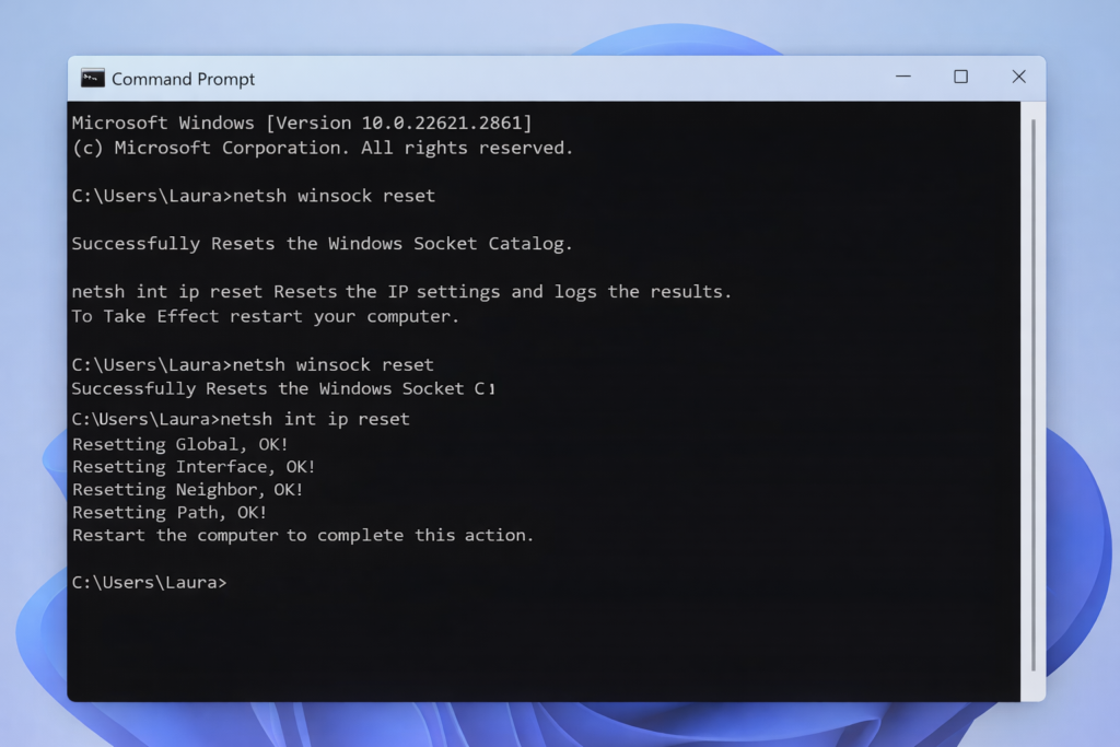 Ein Fenster der Windows-Eingabeaufforderung, das die erfolgreiche Ausführung von netsh winsock reset und verwandten Befehlen zum Zurücksetzen des Netzwerks anzeigt, was bedeutet, dass der Windows Socket Catalog zurückgesetzt wurde. Der Hintergrund zeigt ein unscharfes blaues Muster.