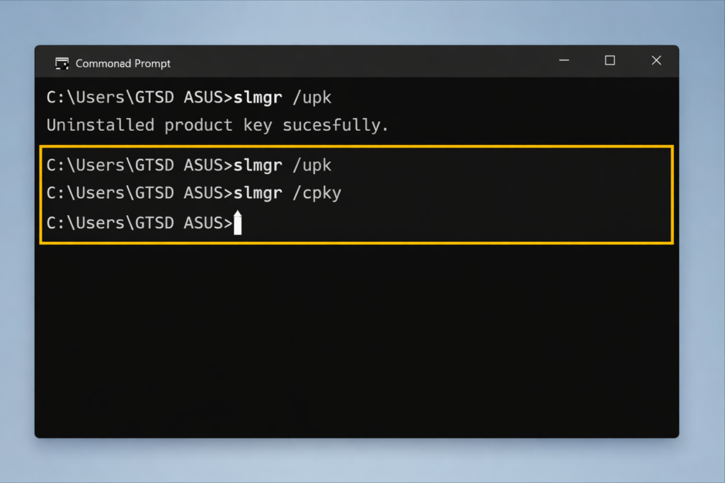 A Windows command prompt window displays the commands entered to uninstall and delete a product key using `slmgr /upk` and `slmgr /cpky`. The commands and results are highlighted in yellow.