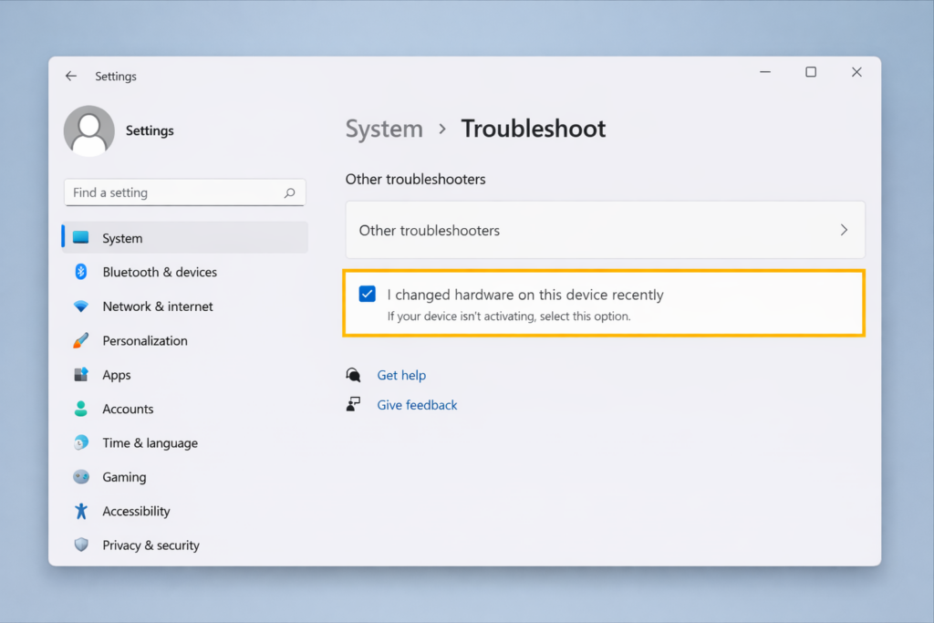 Windows 11 troubleshooter highlights the option "I recently changed the hardware on this device".