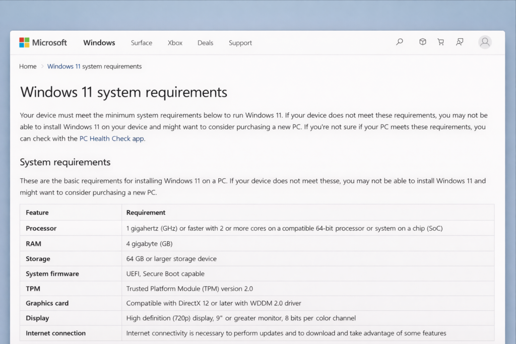 Screenshot of a Microsoft Windows webpage titled "Windows 11 System Requirements". The page lists the hardware requirements, including processor, RAM, storage, system firmware, TPM, graphics card, monitor, and internet connection.