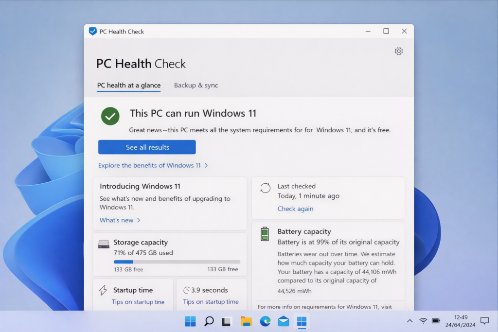 A Windows 11 desktop with the PC Health Check app and the message "This PC can run Windows 11." System details such as storage and battery capacity are displayed below. The taskbar icons are visible at the bottom.