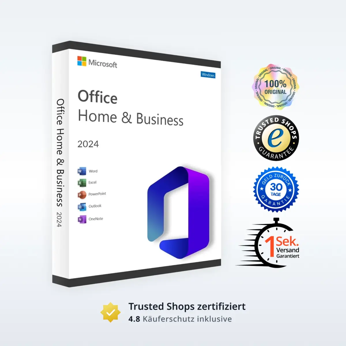 Unten sehen Sie eine Packung Microsoft Office Home & Business 2024 mit App-Symbolen, Zertifizierungsplaketten für Originalität, Zufriedenheit, schnellen Versand und einer 5-Sterne-Bewertung auf Trustpilot.