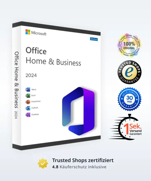 Unten sehen Sie eine Packung Microsoft Office Home & Business 2024 mit App-Symbolen, Zertifizierungsplaketten für Originalität, Zufriedenheit, schnellen Versand und einer 5-Sterne-Bewertung auf Trustpilot.