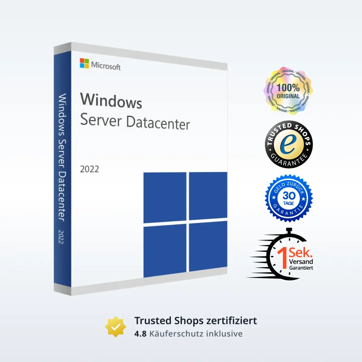 Es wird eine Box für Microsoft Windows Server Datacenter 2022 angezeigt, mit vier Auszeichnungsplaketten auf der rechten Seite für Originalität, Vertrauen, Geld-zurück-Garantie und schnelle Lieferung. Am unteren Rand erscheint Exzellent mit Trustpilot-Sternen.