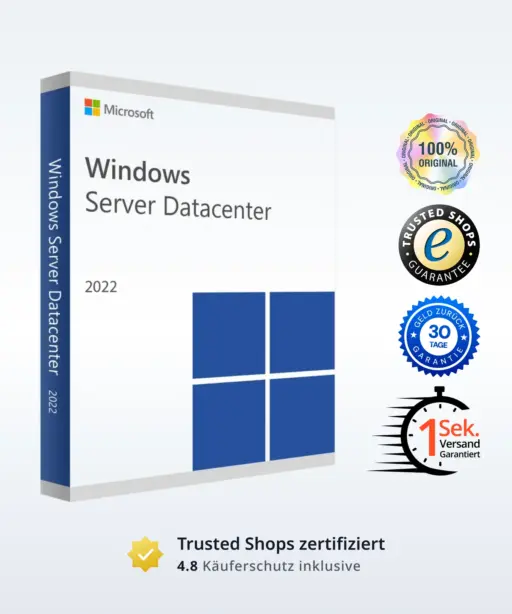 Es wird eine Box für Microsoft Windows Server Datacenter 2022 angezeigt, mit vier Auszeichnungsplaketten auf der rechten Seite für Originalität, Vertrauen, Geld-zurück-Garantie und schnelle Lieferung. Am unteren Rand erscheint Exzellent mit Trustpilot-Sternen.