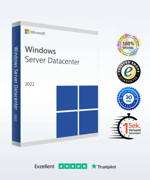 Es wird eine Box für Microsoft Windows Server Datacenter 2022 angezeigt, mit vier Auszeichnungsplaketten auf der rechten Seite für Originalität, Vertrauen, Geld-zurück-Garantie und schnelle Lieferung. Am unteren Rand erscheint Exzellent mit Trustpilot-Sternen.