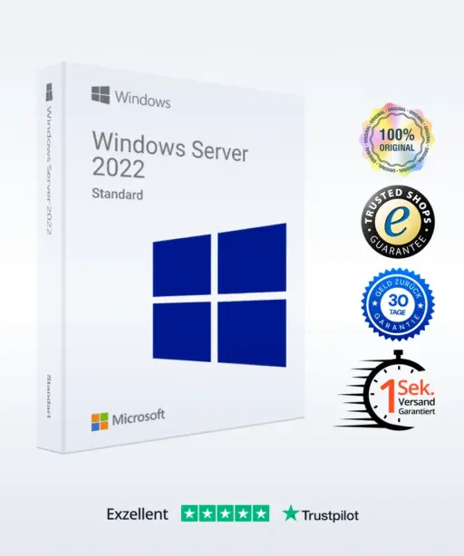 Auf der linken Seite sehen Sie eine Schachtel mit Windows Server 2022 Standard von Microsoft, auf der rechten Seite vier Zertifizierungs- und Garantieplaketten und darunter die Trustpilot-Bewertungen.
