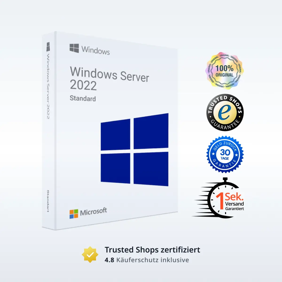 Auf der linken Seite sehen Sie eine Schachtel mit Windows Server 2022 Standard von Microsoft, auf der rechten Seite vier Zertifizierungs- und Garantieplaketten und darunter die Trustpilot-Bewertungen.