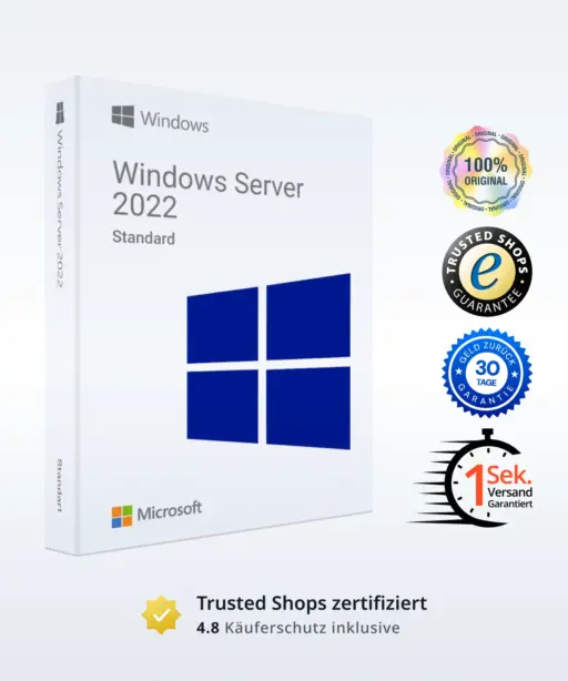 Auf der linken Seite sehen Sie eine Schachtel mit Windows Server 2022 Standard von Microsoft, auf der rechten Seite vier Zertifizierungs- und Garantieplaketten und darunter die Trustpilot-Bewertungen.