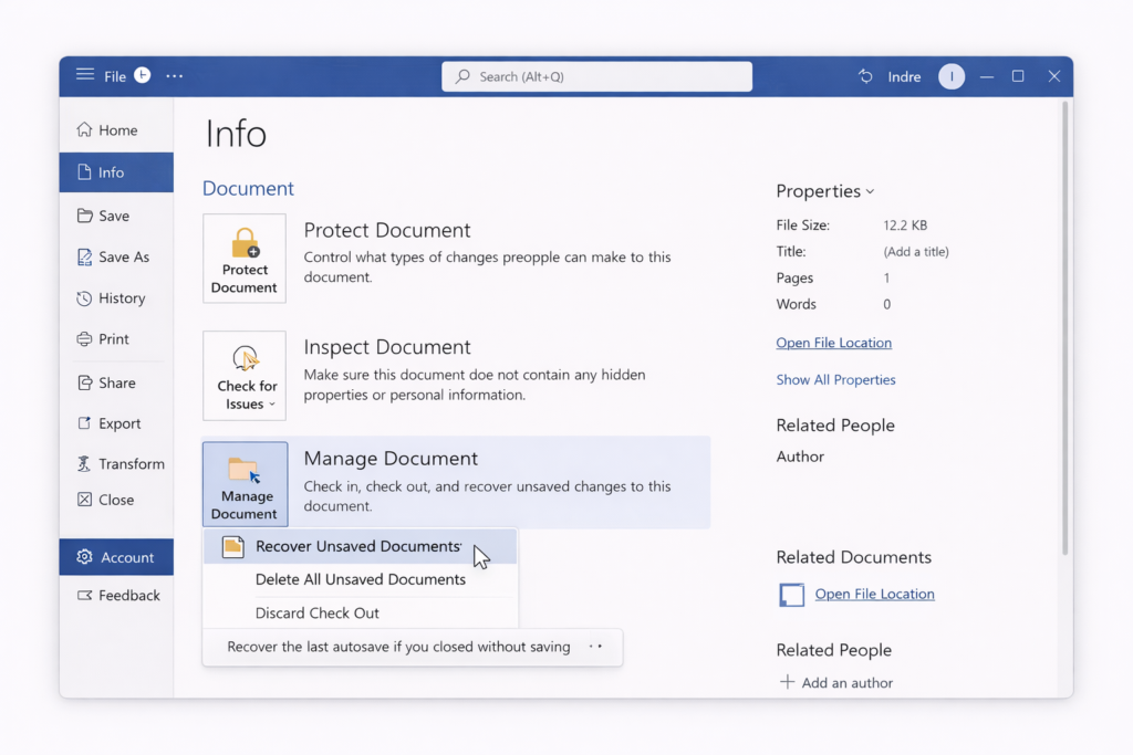 Office 365 Version History inside Microsoft Word — recover previous file versions