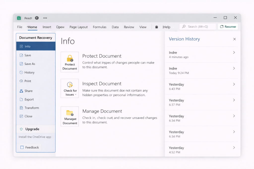 Office 365 Version History inside Microsoft Word — recover previous file versions