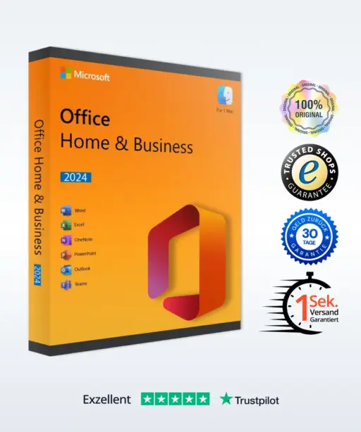 Eine Microsoft Office Home & Business 2024-Box für Mac wird neben vier Zertifizierungsplaketten und einer Trustpilot-Bewertung mit fünf Sternen und dem Wort "Exzellent" angezeigt.