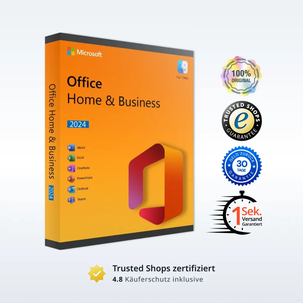 Eine Microsoft Office Home & Business 2024-Box für Mac wird neben vier Zertifizierungsplaketten und einer Trustpilot-Bewertung mit fünf Sternen und dem Wort "Exzellent" angezeigt.