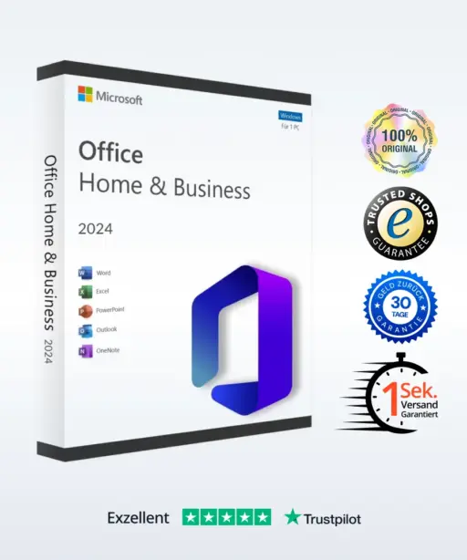Unten sehen Sie eine Packung Microsoft Office Home & Business 2024 mit App-Symbolen, Zertifizierungsplaketten für Originalität, Zufriedenheit, schnellen Versand und einer 5-Sterne-Bewertung auf Trustpilot.