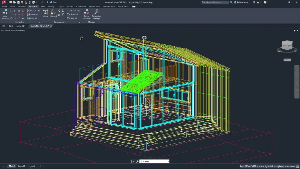 Ein 3D-Drahtmodell eines modernen Hauses in Autodesk AutoCAD zeigt farbige Strukturdetails auf dunklem Hintergrund - perfekt für den Export in Adobe Acrobat Pro 2020 für Windows (Copy) für eine reibungslose PDF-Dokumentation.