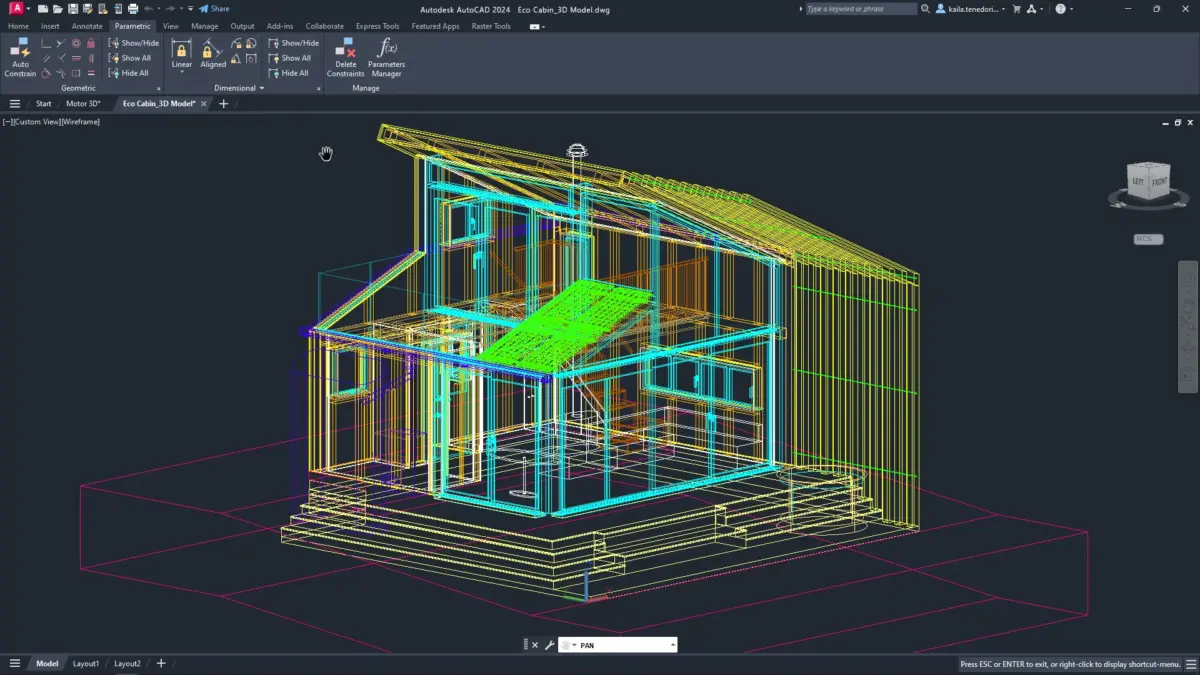 Ein 3D-Drahtmodell eines modernen Hauses in Autodesk AutoCAD zeigt farbige Strukturdetails auf dunklem Hintergrund - perfekt für den Export in Adobe Acrobat Pro 2020 für Windows (Copy) für eine reibungslose PDF-Dokumentation.