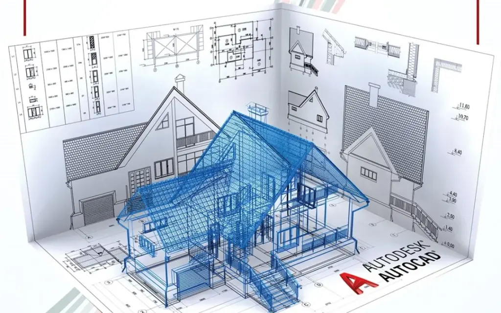 Ein blaues 3D-Drahtmodell eines Hauses steht vor detaillierten Grundrissen, mit dem Autodesk AutoCAD-Logo und dem Adobe Acrobat Pro 2020 für Windows (Copy) Symbol in der unteren rechten Ecke.