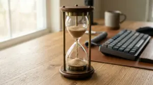 Eine klassische Sanduhr steht auf einem Holzschreibtisch neben einer Computertastatur und einer Tasse, die auf Produktivität hinweisen - perfekt für Aufgaben wie "So ändern Sie die Sprache und das Tastaturlayout in Windows 11 und Windows 10". Natürliches Licht strömt aus einem nahe gelegenen Fenster.