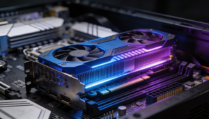 Eine Nahaufnahme einer modernen Grafikkarte mit zwei großen Lüftern und RGB-Beleuchtung, die auf einer Hauptplatine in einem Desktop-PC-Gehäuse installiert ist.