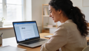 Eine Frau sitzt an einem Schreibtisch und arbeitet lächelnd an einem Laptop. Auf dem Bildschirm des Laptops erscheint ein Dokument mit der Überschrift docy in großer Schrift. Der Raum ist durch natürliches Licht aus einem Fenster gut beleuchtet.