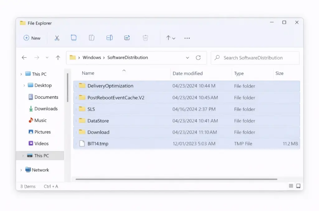 Ein Fenster des Windows Datei-Explorers zeigt den Ordner SoftwareDistribution mit Unterordnern wie DeliveryOptimization und SLS. Dies wird oft erforscht, wenn Sie Anleitungen wie "So ändern Sie die Sprache und das Tastaturlayout in Windows 11 und Windows 10" folgen.