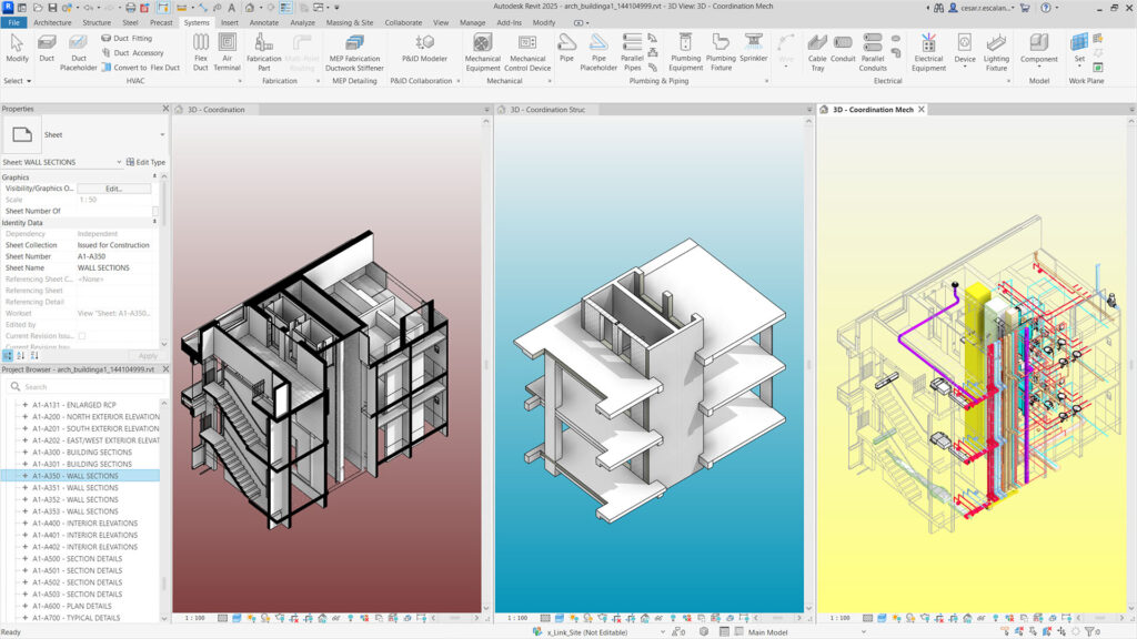 Drei nebeneinander liegende 3D-Gebäudemodelle in Autodesk Revit: Statik (rot), Architektur (blau) und Dienstleistungskoordination mit Rohren und Drähten (gelb). Die Revit-Oberfläche erscheint neben Adobe Acrobat Pro 2020 für Windows (Kopie).