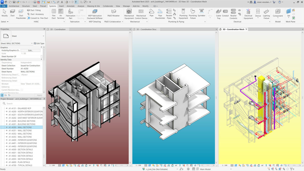 Drei nebeneinander liegende 3D-Gebäudemodelle in Autodesk Revit: Statik (rot), Architektur (blau) und Dienstleistungskoordination mit Rohren und Drähten (gelb). Die Revit-Oberfläche erscheint neben Adobe Acrobat Pro 2020 für Windows (Kopie).