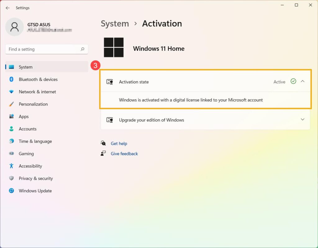 Windows 11 settings display the page System → Activation with an activated digital license linked to a Microsoft account.