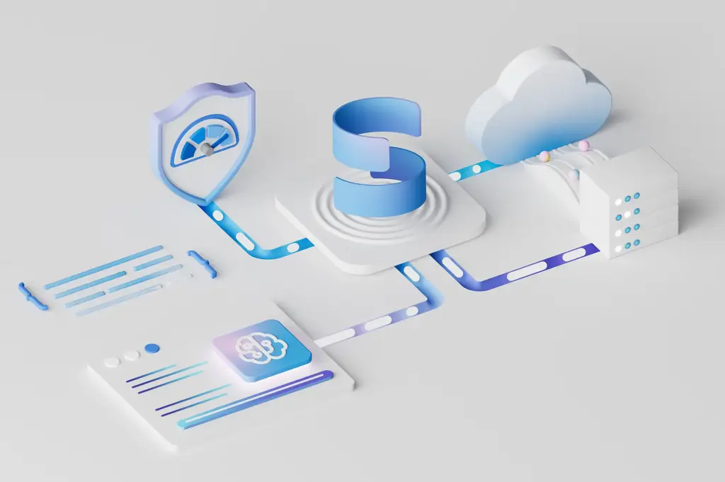 3D-Darstellung: Ein zentrales "S" verweist auf eine Cloud, einen Server, einen SQL SERVER 2025 STANDARD, ein Sicherheitsschild und ein Dashboard - als Symbol für sichere Cloud-Dienste und fortschrittliche Datenintegration.