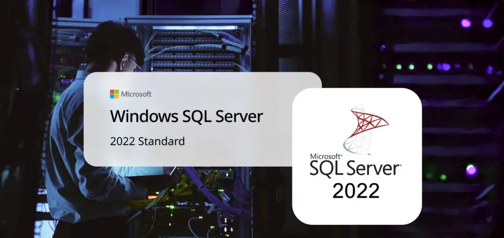 Eine Person arbeitet mit Servern in einem schummrigen Raum, mit SQL Server Standard 2022-Logos und Text, der die Fortschritte von SQL Server Standard 2019 zu SQL Server Standard 2022 darstellt.