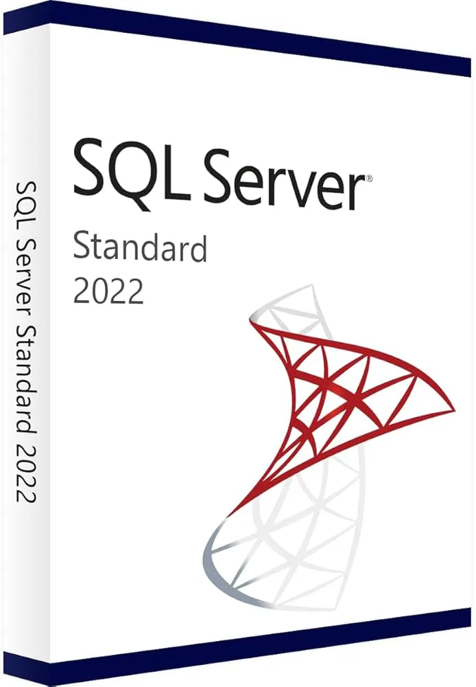 Eine SQL Server Standard 2022-Box zeigt den Produktnamen und die Version auf weißem Hintergrund mit einem roten und grauen geometrischen Logo an, das den modernen Look von SQL Server Standard 2019 widerspiegelt.