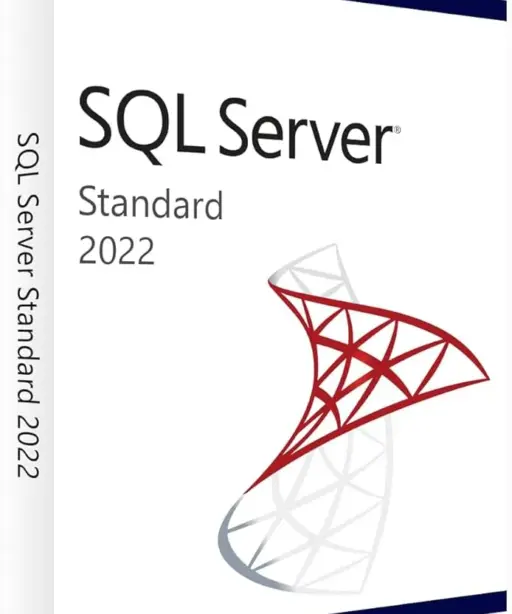 Eine weiße Softwarebox für SQL Server Standard 2022 mit dem SQL Server-Logo, roten und grauen geometrischen Formen und dem Produktnamen auf der Vorderseite und dem Rücken erinnert an den Stil früherer Editionen.