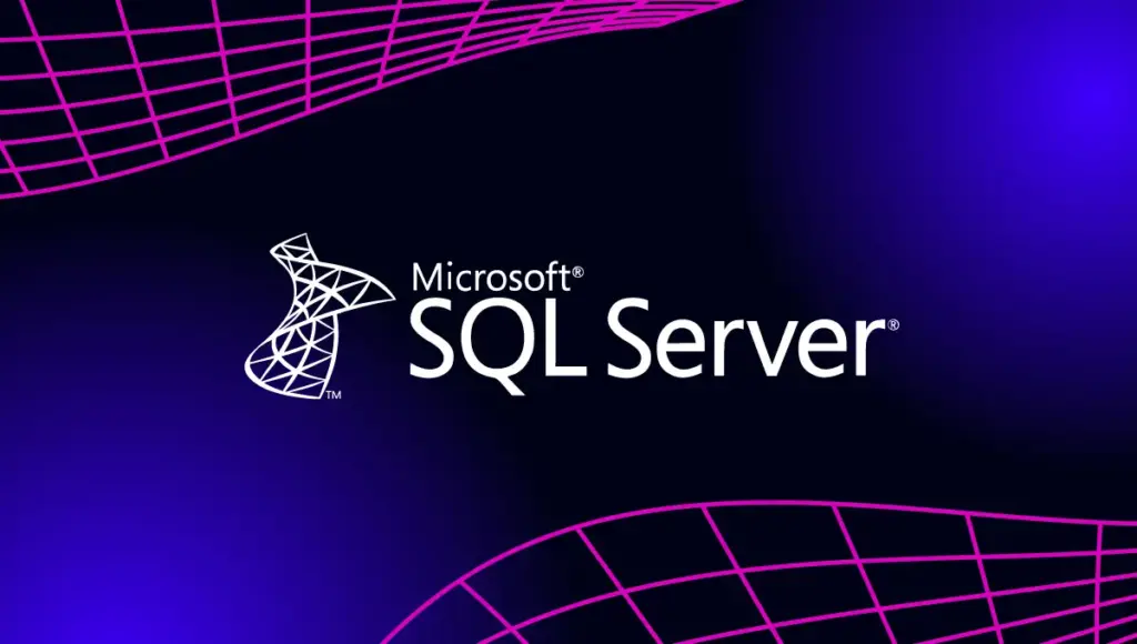 Das Bild zeigt das SQL Server Standard 2022-Logo in Weiß auf einem Hintergrund mit dunkelblauem und violettem Farbverlauf, mit gitterartigen magentafarbenen Linien, die sich am oberen und unteren Rand wölben.