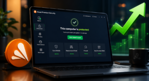 Ein Laptop mit der Avast Premium Security Software, die anzeigt, dass der Computer geschützt ist, mit grünen Statussymbolen. Daneben sind eine Kaffeetasse, ein Avast-Logo und ein leuchtender grüner Aufwärtspfeil zu sehen, der Verbesserungen symbolisiert.