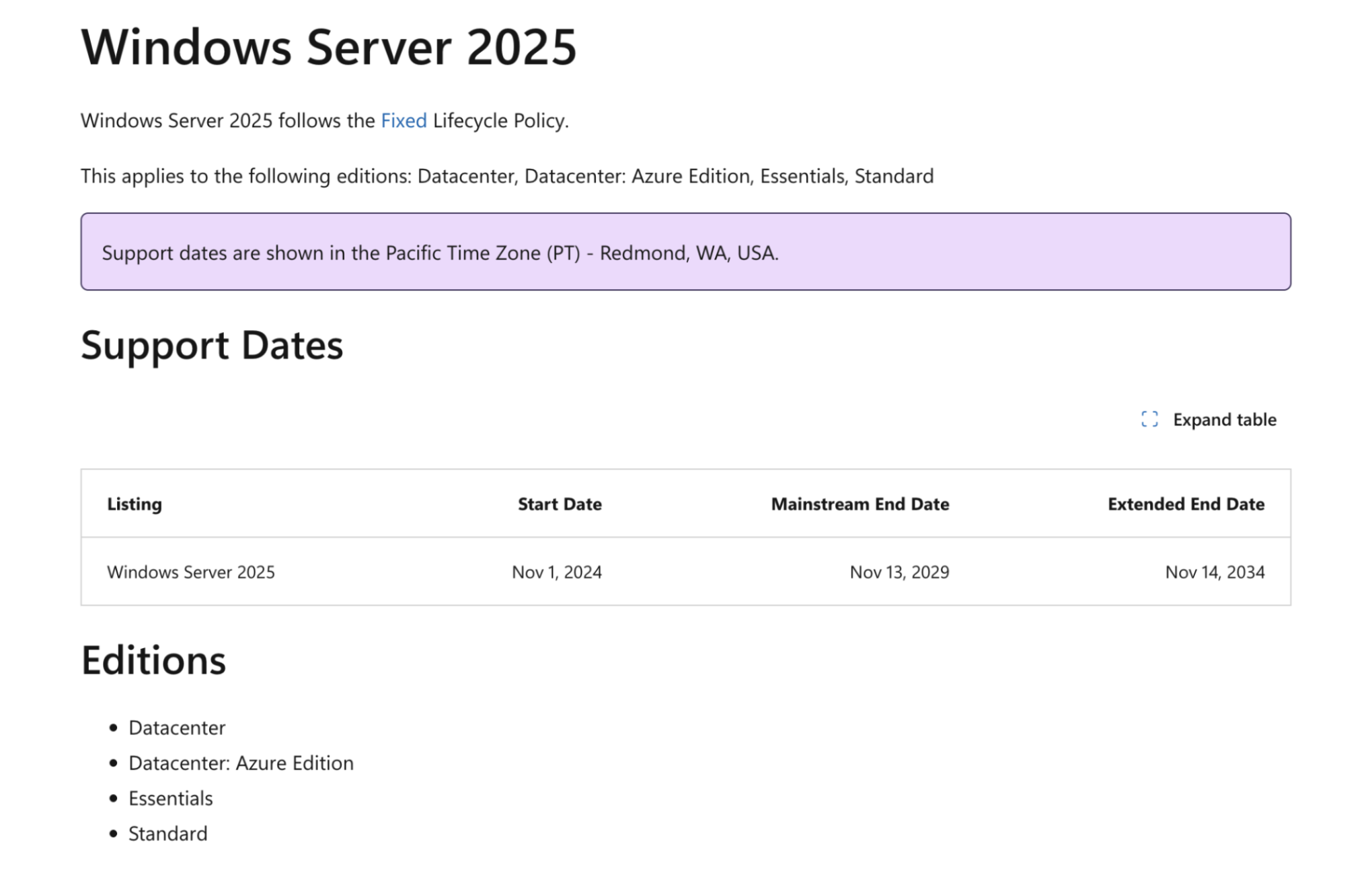 Eine Webseite für Windows Server 2025 zeigt Details zu den Lebenszyklusrichtlinien, Zeitpläne für Supportdaten und Editionen. Ein hervorgehobener Hinweis erwähnt die Supportdaten in der pazifischen Zeitzone. In einer Tabelle sind das Startdatum, das Hauptenddatum und das erweiterte Enddatum aufgeführt.