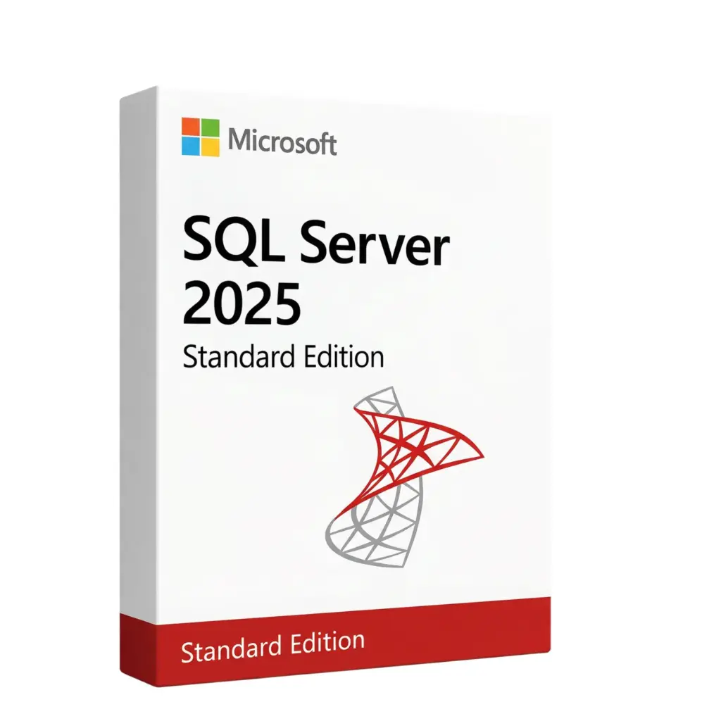 Eine Softwarebox mit der Aufschrift SQL SERVER 2025 STANDARD, dem offiziellen SQL Server-Logo und einem roten Streifen am unteren Rand mit der Aufschrift Standard Edition.