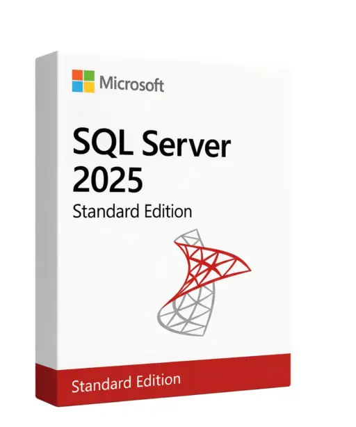 Eine Verkaufsverpackung für SQL SERVER 2025 STANDARD mit dem Microsoft-Logo, dem Produktnamen und einem rot-grauen, abstrakten Datenbanksymbol auf weißem Grund - ideal zur Kombination mit Windows Server 2025 Standard.