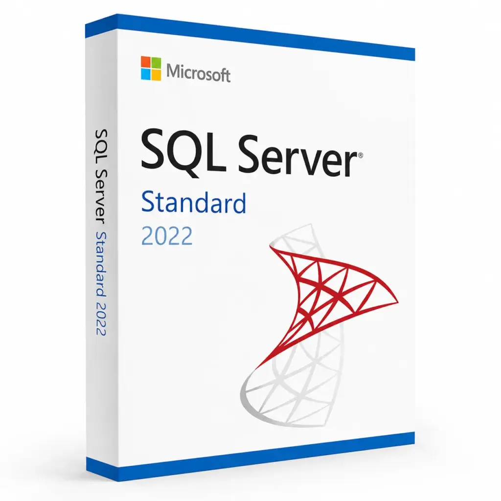 Auf einer Verkaufsverpackung für SQL Server 2022 Standard sind der Produktname und das Logo abgebildet, ergänzt durch ein modernes rot-graues Grafikdesign vor weißem Hintergrund.