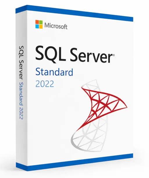 Auf einer Verkaufsverpackung für SQL Server 2022 Standard sind der Produktname und das Logo abgebildet, ergänzt durch ein modernes rot-graues Grafikdesign vor weißem Hintergrund.