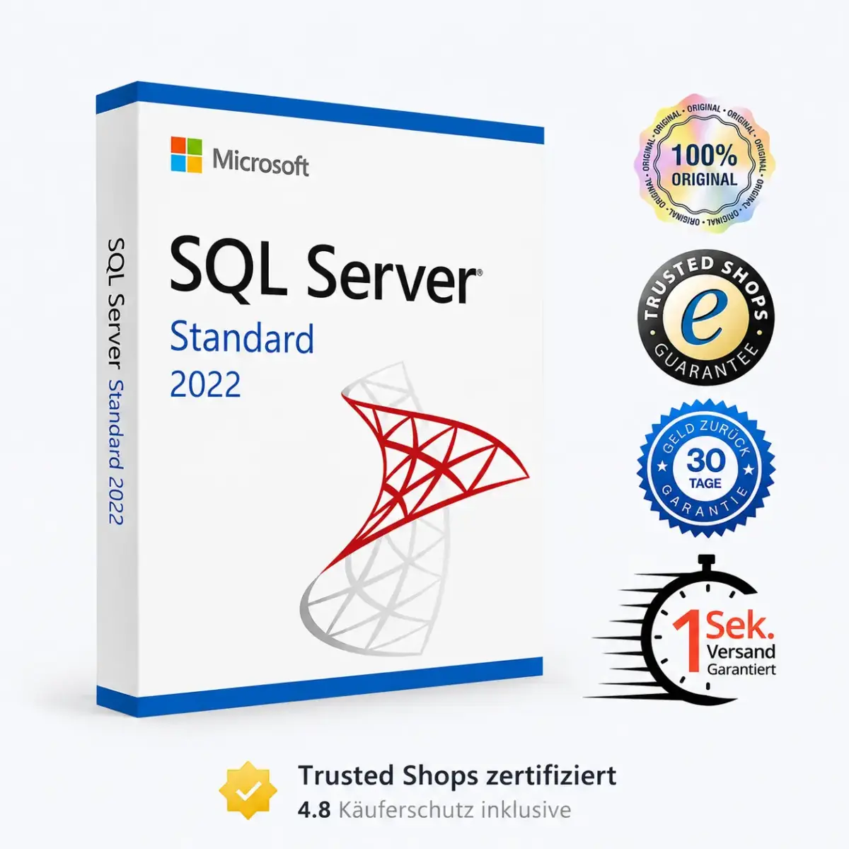 Verpackung für SQL Server 2022 Standard mit Vertrauens- und Qualitätssiegeln: 100 % Original, Trusted Shops, 30 Tage Geld-zurück-Garantie und Versand innerhalb von 1 Sekunde. Die Trusted-Shops-Bewertung von 4,8 Sternen wird unten angezeigt.