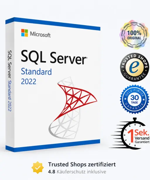 Verpackung für SQL Server 2022 Standard mit Vertrauens- und Qualitätssiegeln: 100 % Original, Trusted Shops, 30 Tage Geld-zurück-Garantie und Versand innerhalb von 1 Sekunde. Die Trusted-Shops-Bewertung von 4,8 Sternen wird unten angezeigt.