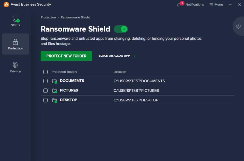 Screenshot der Benutzeroberfläche von Avast Business Security Ransomware Shield mit Optionen zum Schutz von Ordnern wie Dokumente, Bilder und Desktop sowie Schaltflächen zum Schutz eines neuen Ordners oder zum Blockieren/Zulassen einer Anwendung.